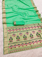 Sea green lichi silk paithani saree with copper zari weaving work