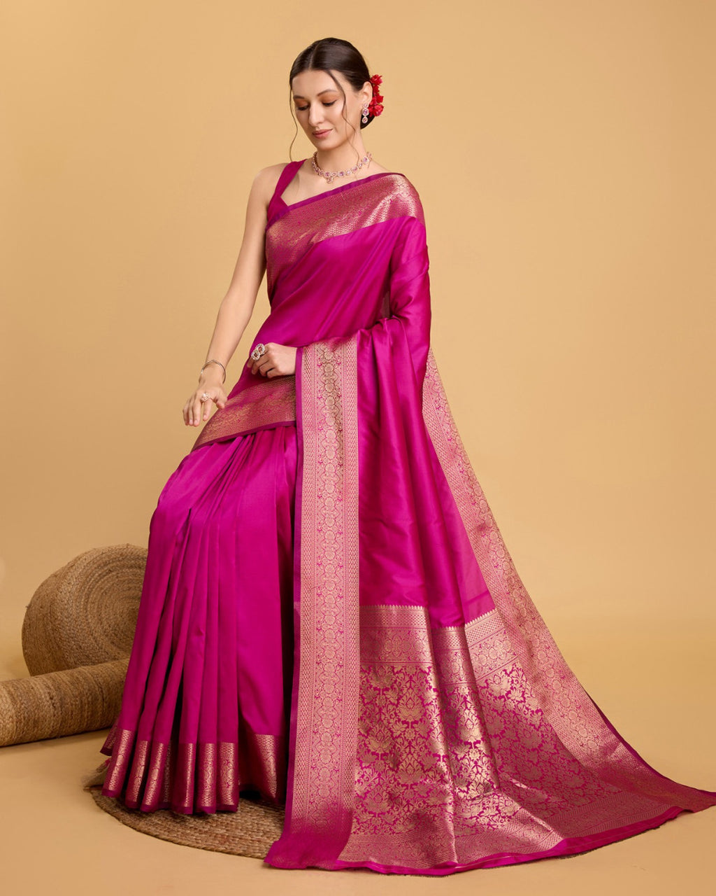 Rani pink color soft kanchipuram silk saree with zari weaving work