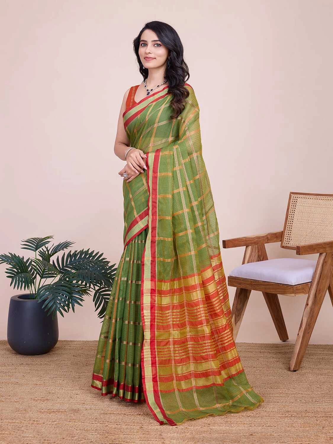 Mahendi green kota doriya saree with zari weaving work