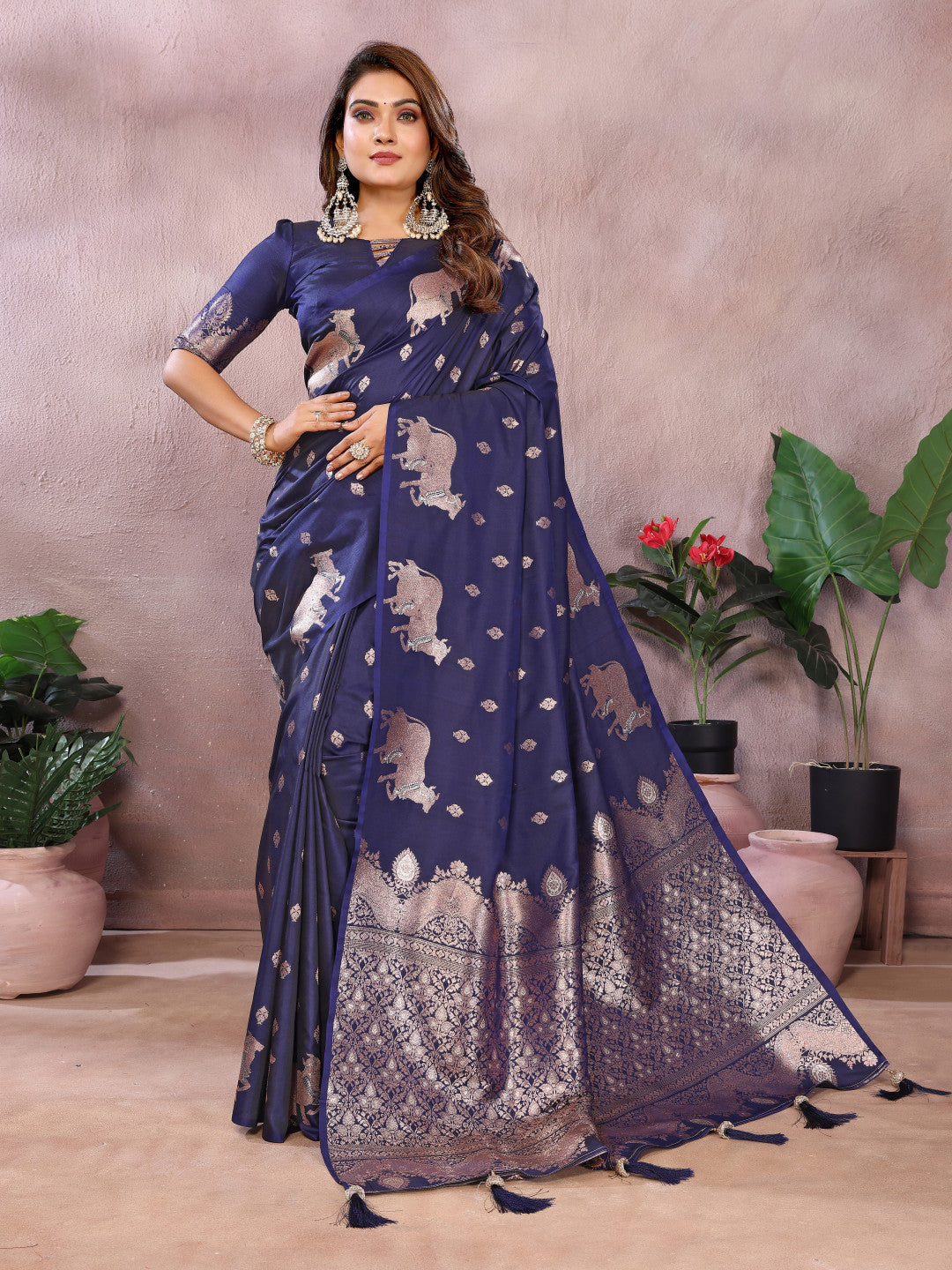 Navy blue traditional banarasi silk saree with zari weaving work
