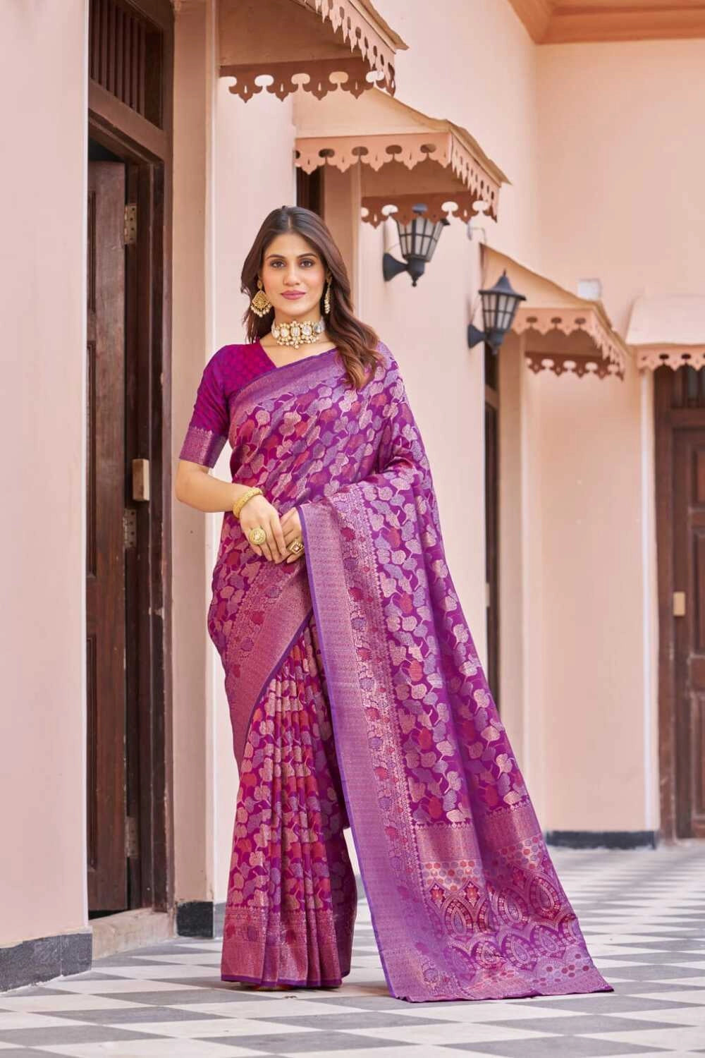 Purple kanjivaram silk saree with zari weaving work