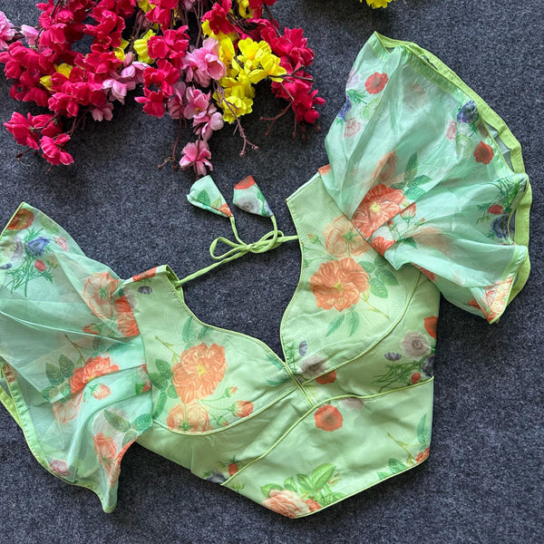 Pista green pure organza readymade blouse with printed work