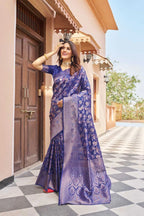 Navy blue color kanjivaram silk saree with zari weaving work