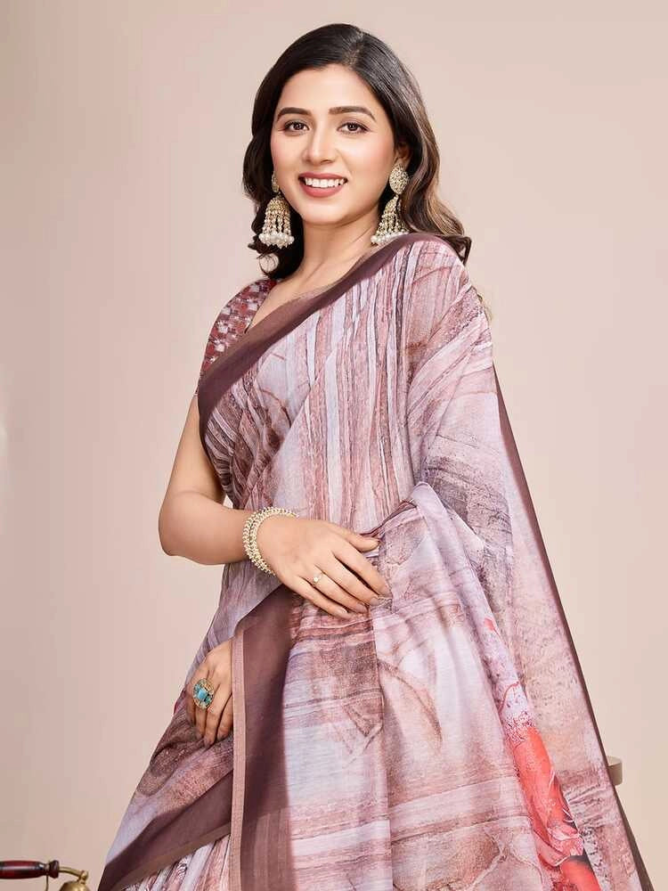 Brown soft linen cotton saree with floral printed work