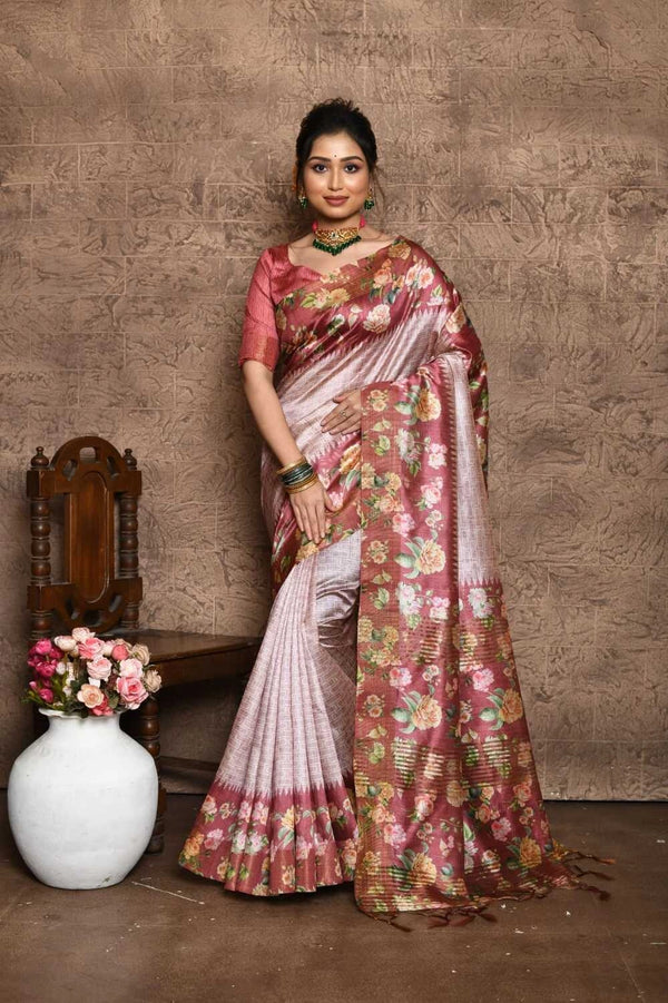 Pink color tussar silk saree with digital printed work