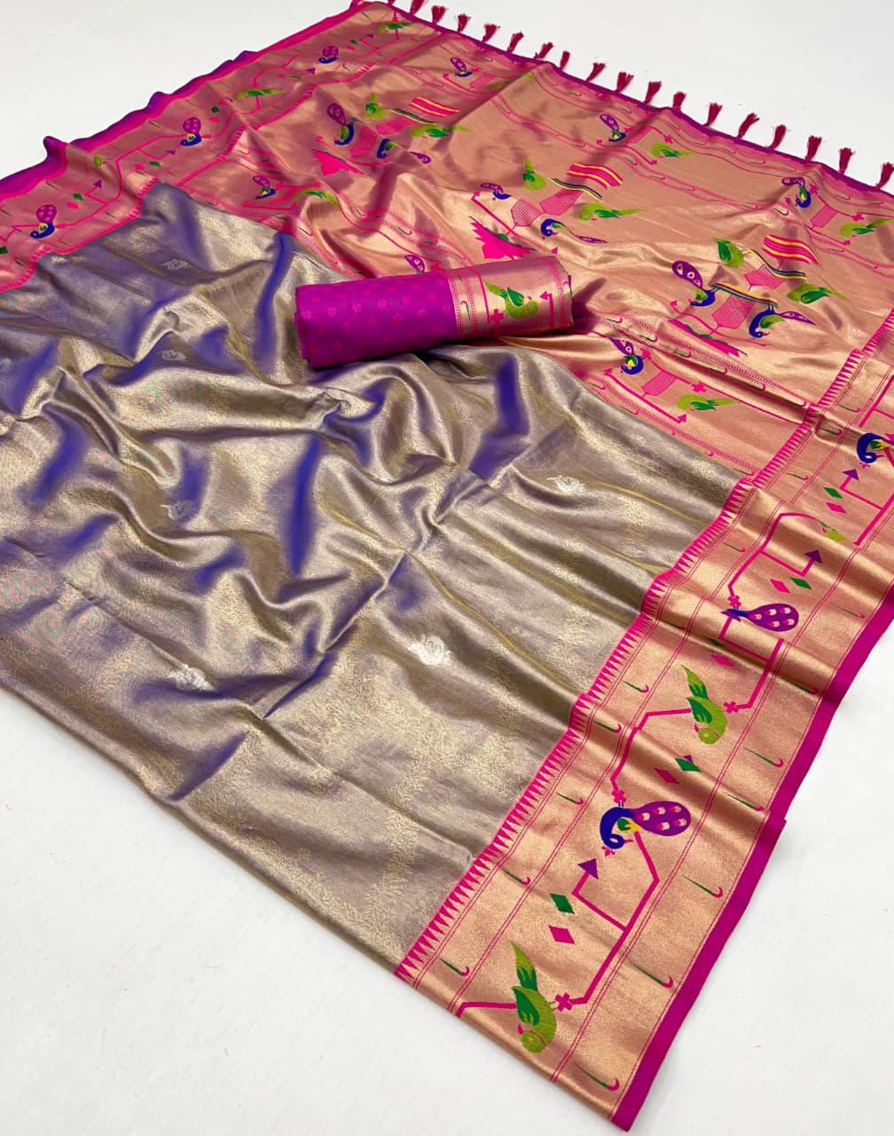 Royal blue soft tissue paithani silk saree with zari weaving work