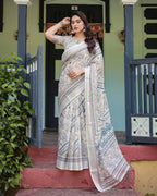 Multi summer special digital printed linen cotton saree