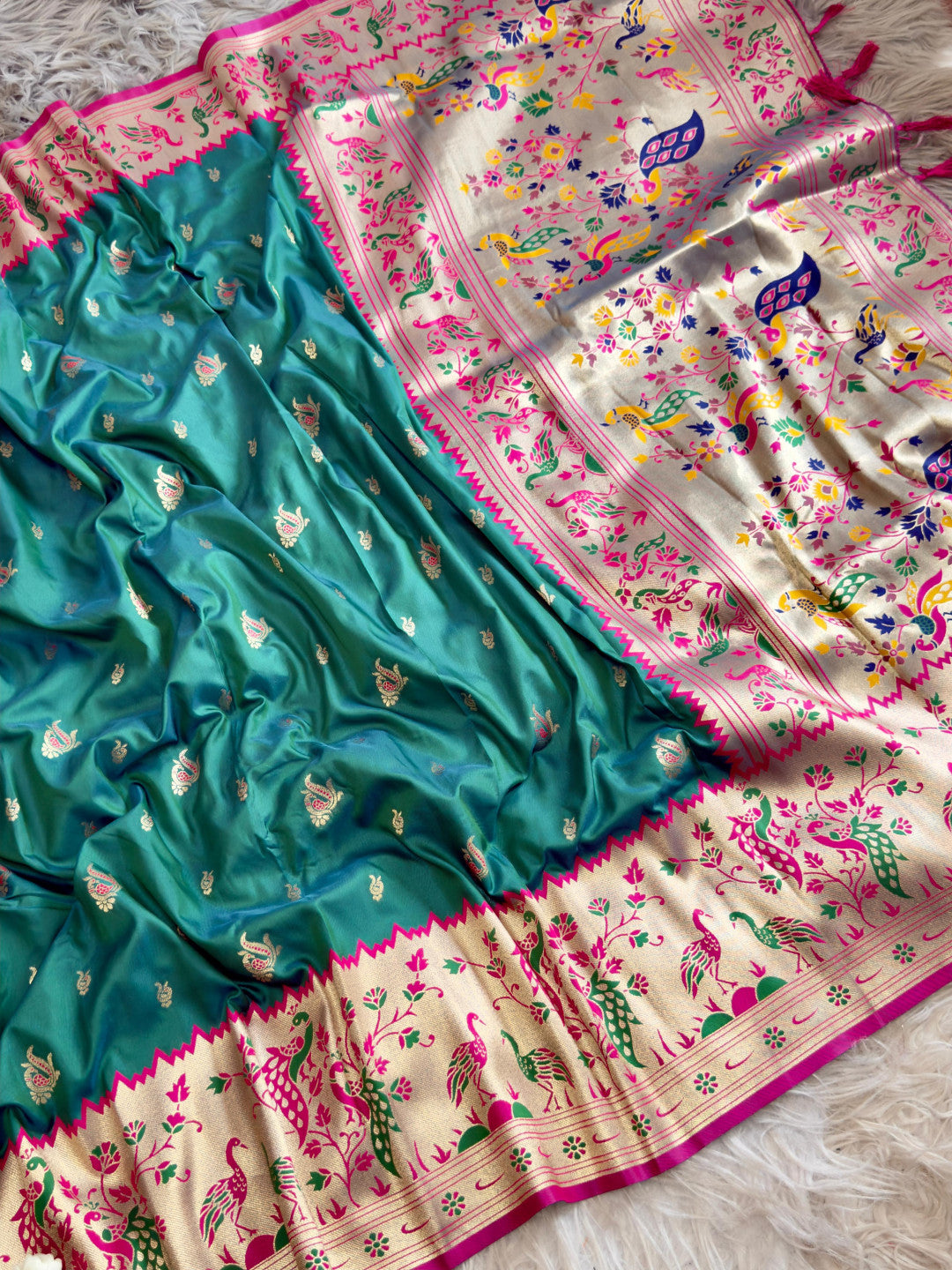 Rama green traditional paithani silk saree with peacock zari weaving work