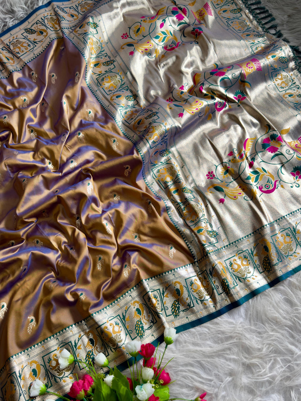 Brown traditional paithani silk saree with peacock zari weaving work