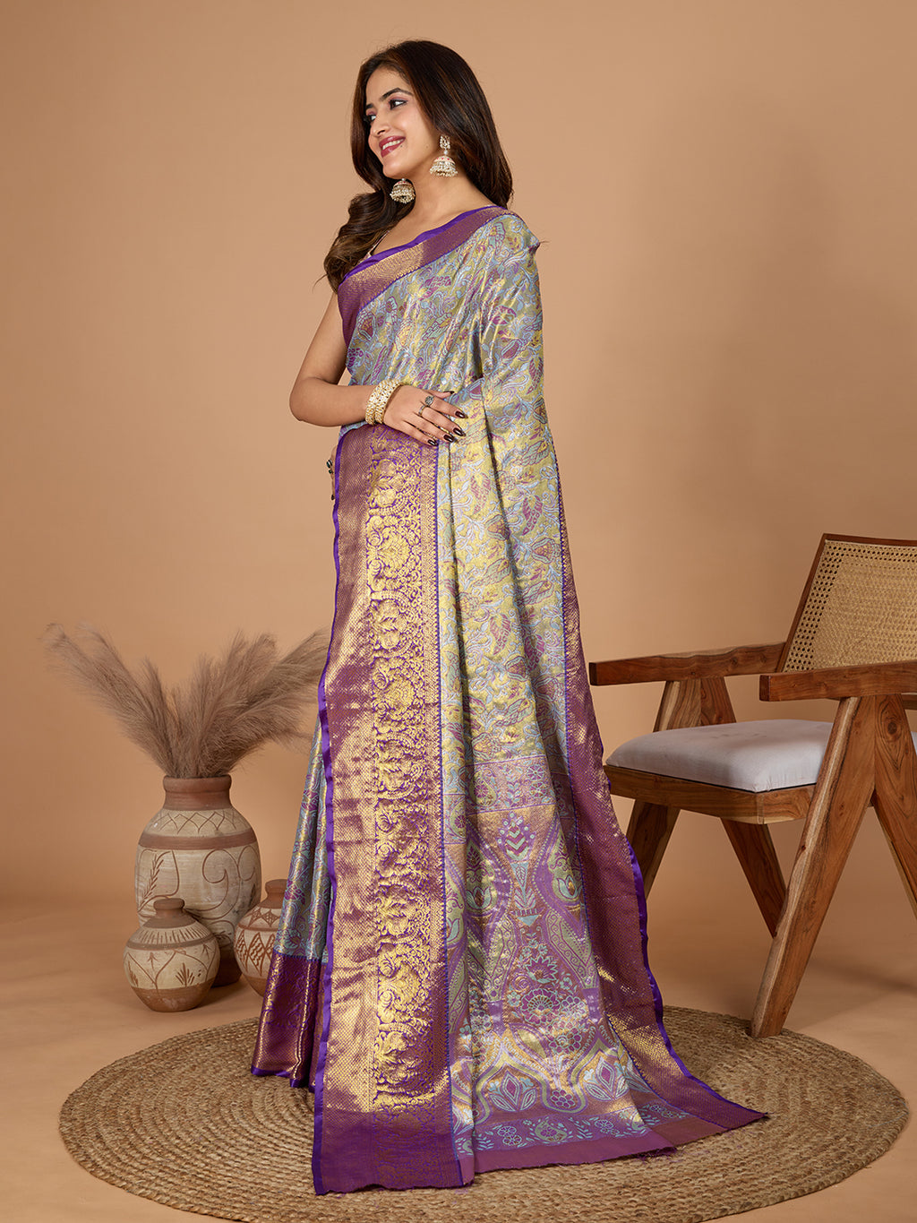 Gray kanjivaram silk saree with zari weaving work