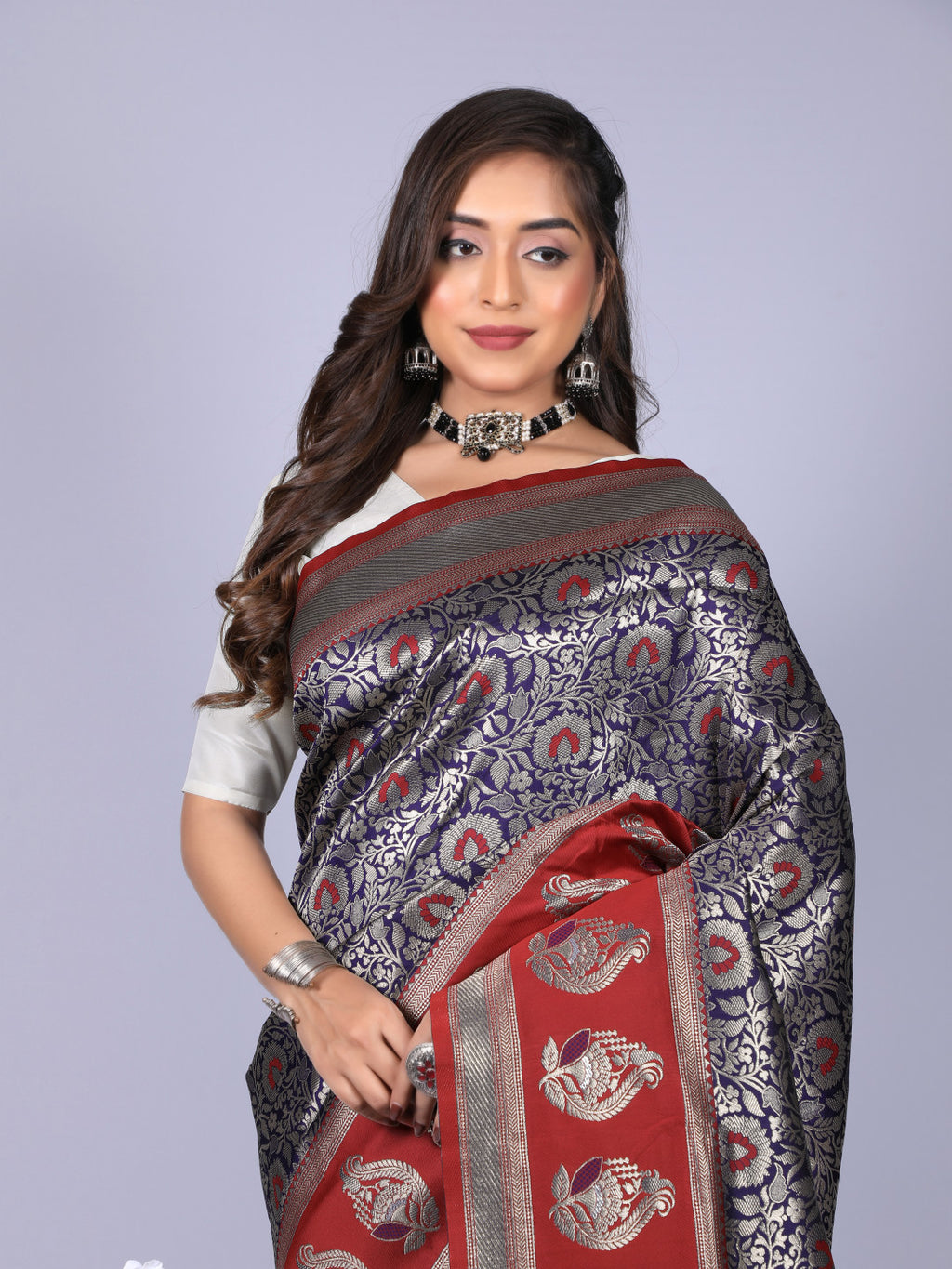 Navy blue color kanchipuram silk saree with zari weaving work