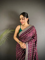 Wine traditional blooming vichitra khadi bandhej silk saree with sequence work