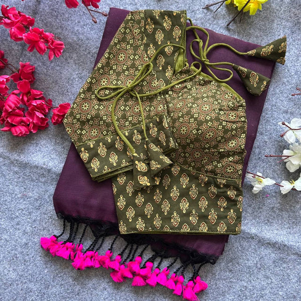 Mahendi green colour ajarakh printed cotton readymade blouse