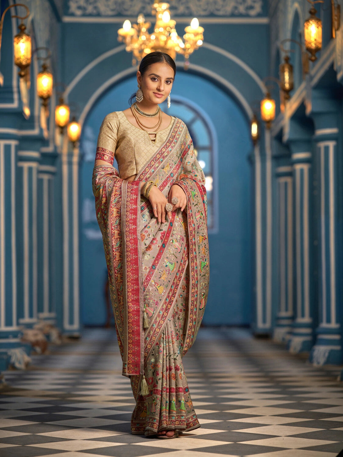 Brown exclusive pure pashmina silk saree with woven design