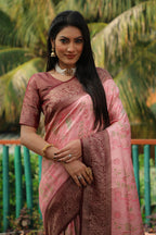 Pink color kanjivaram silk saree with zari weaving work