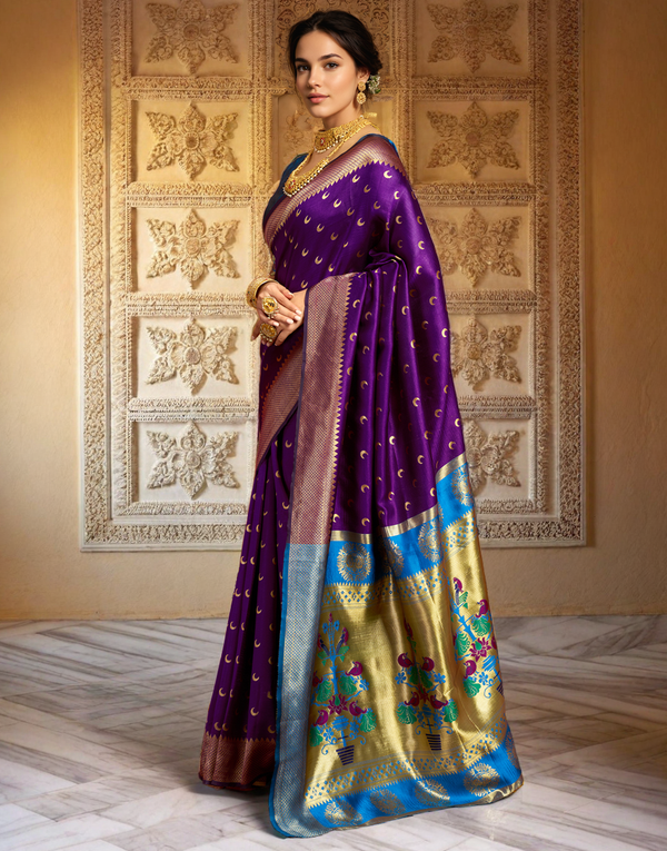 Traditional purple chand design paithani silk saree with zari weaving work
