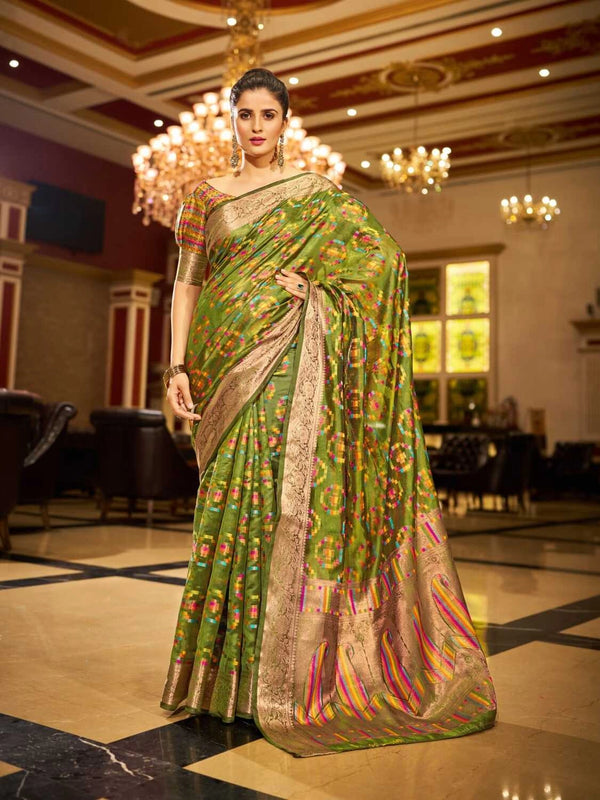 Mahendi green soft organza silk saree with zari weaving work