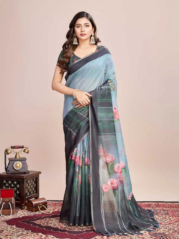 Gray soft linen cotton saree with floral printed work