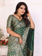 Green satin silk bandhej saree with zari weaving border & pallu