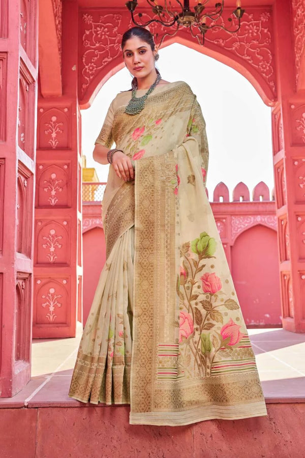 Fancy Beige color soft cotton saree with woven design