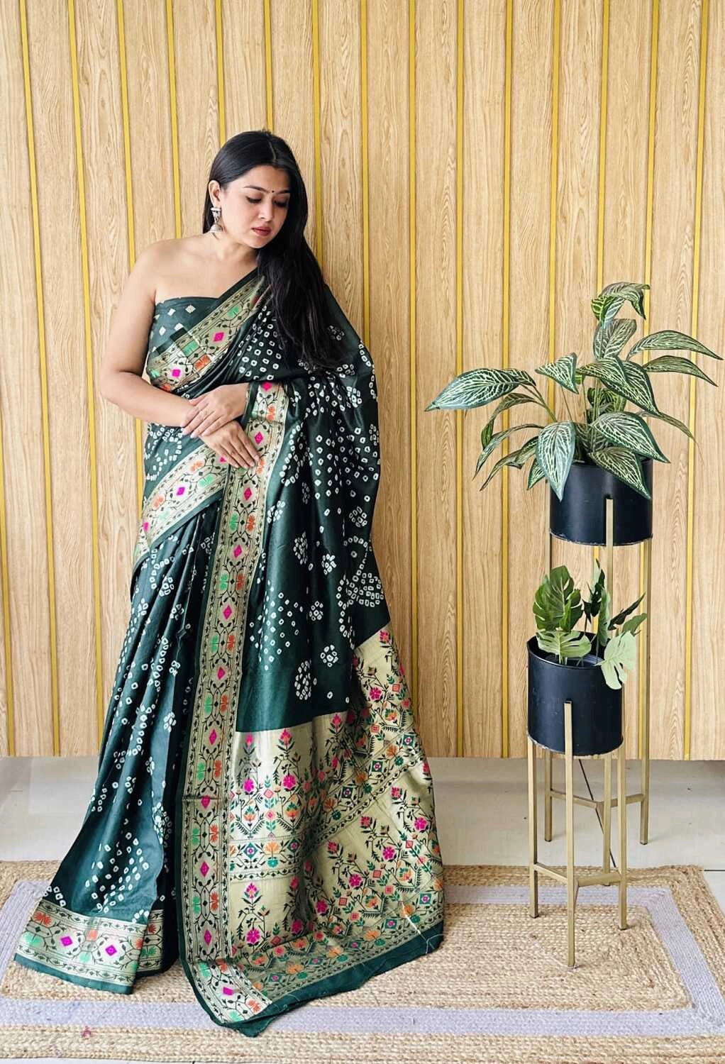 Green premium paithani bandhej silk bandhani saree with zari weaving work