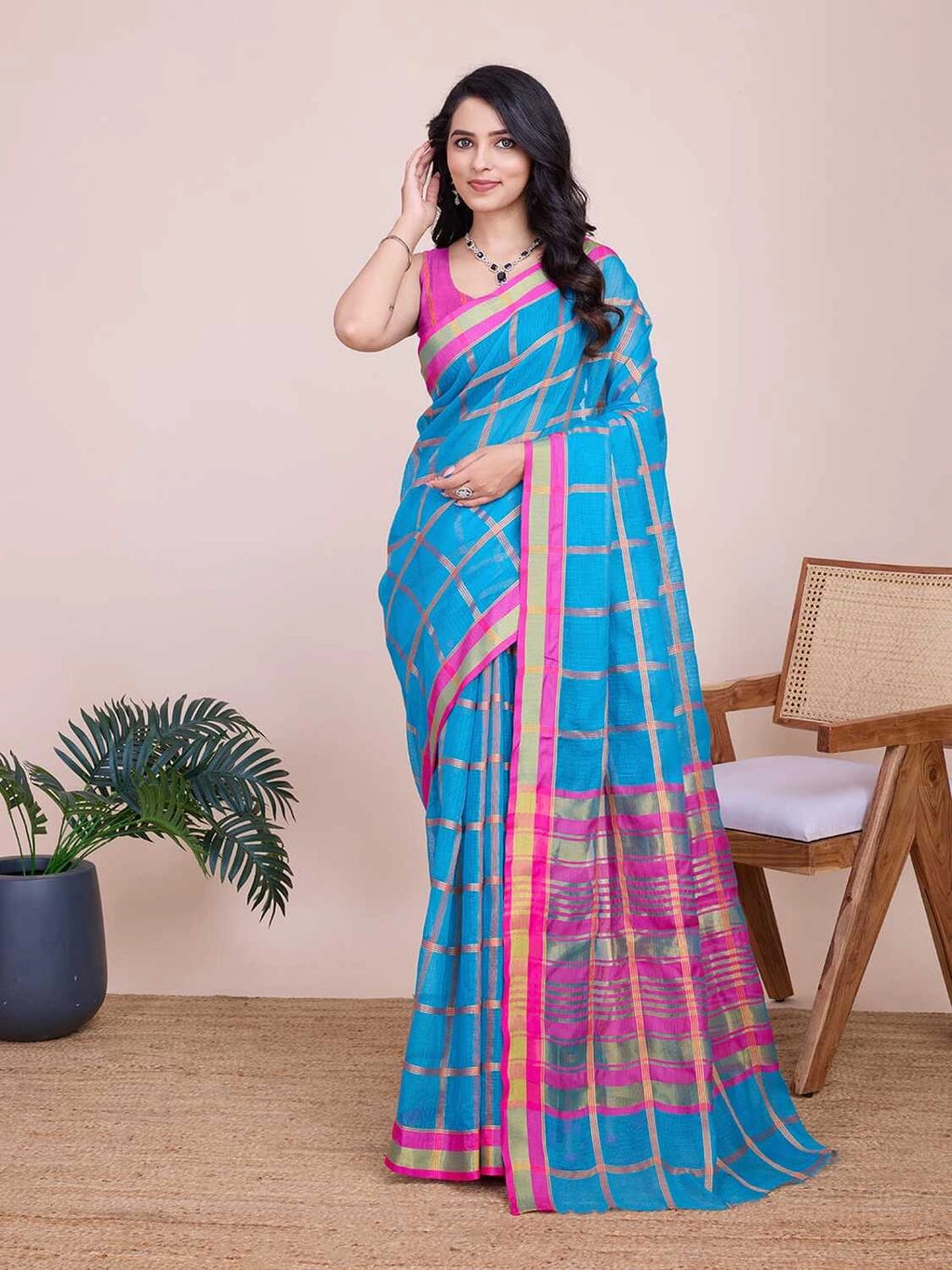 Sky blue kota doriya saree with zari weaving work