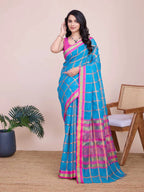 Sky blue kota doriya saree with zari weaving work