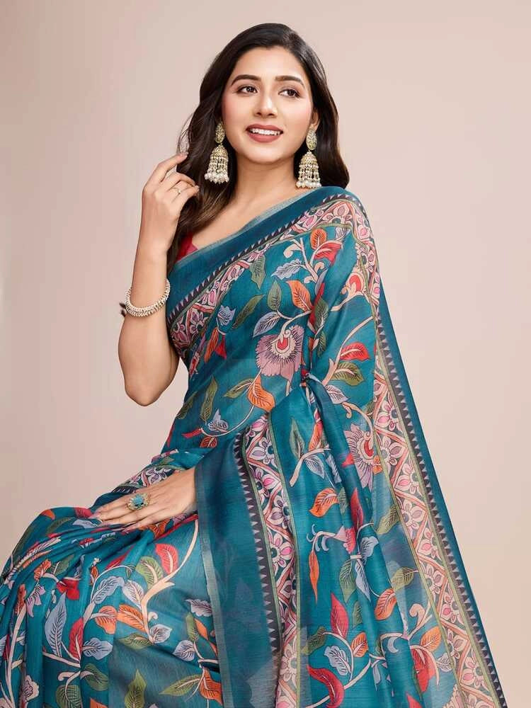Rama green soft linen cotton saree with kalamkari digital printed work