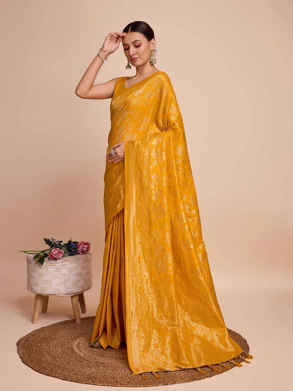 Golden & copper zari weaving with yellow color soft silk banarasi sareeee