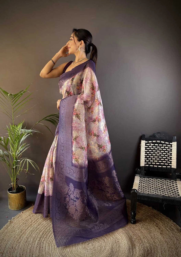 Fancy Purple linen silk saree with digital printed work