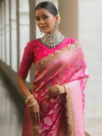Pink premium banarasi katan silk saree with zari weaving & lace border