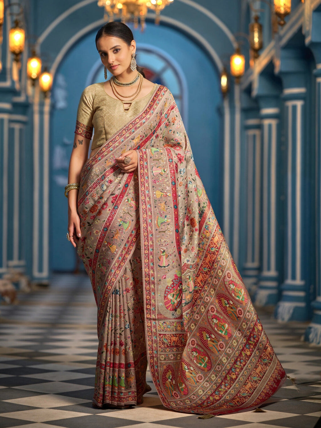 Brown exclusive pure pashmina silk saree with woven design