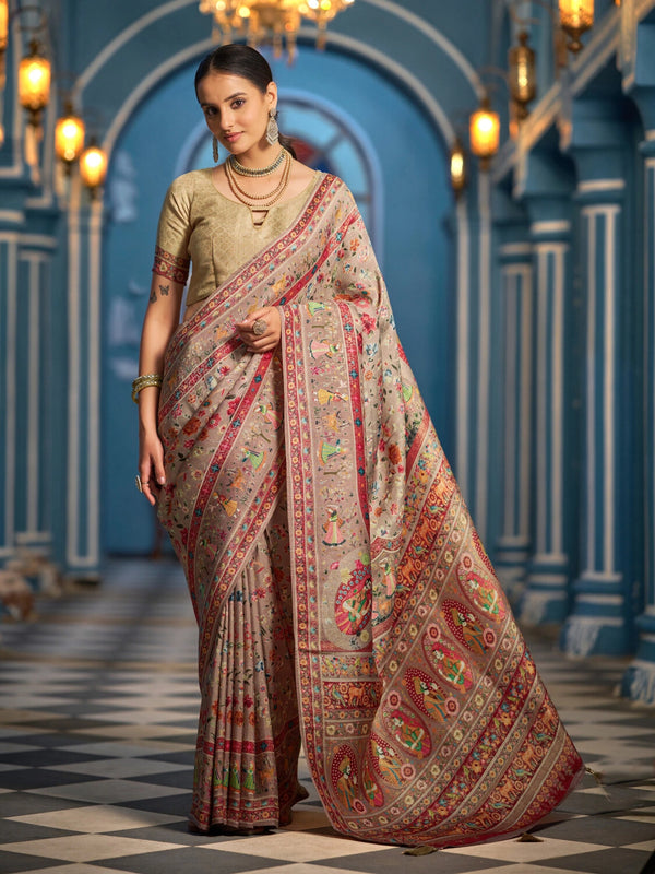 Brown exclusive pure pashmina silk saree with woven design