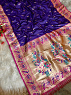 Violet traditional paithani silk saree with peacock zari weaving work