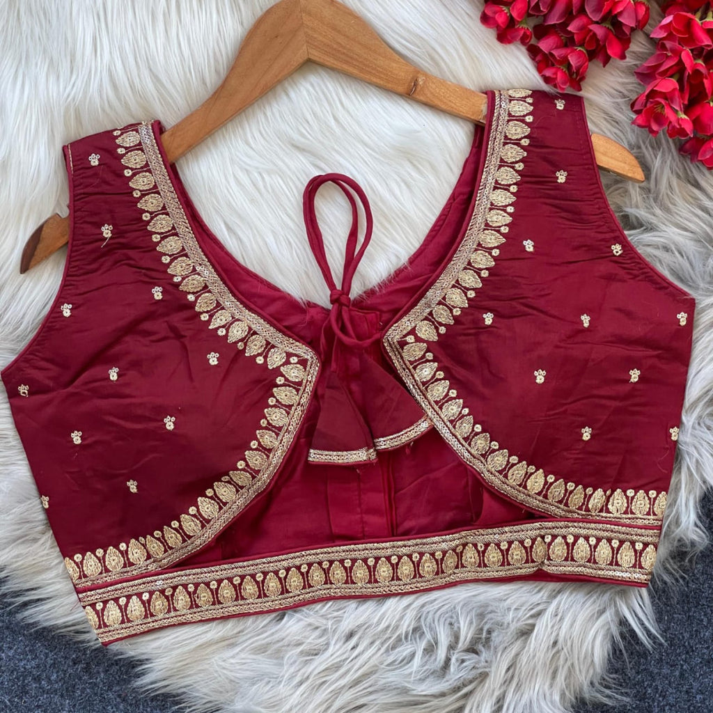 Maroon sequence and embroidery roman silk readymade blouse