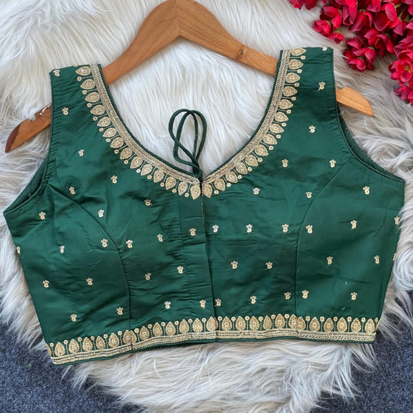Green sequence and embroidery roman silk readymade blouse