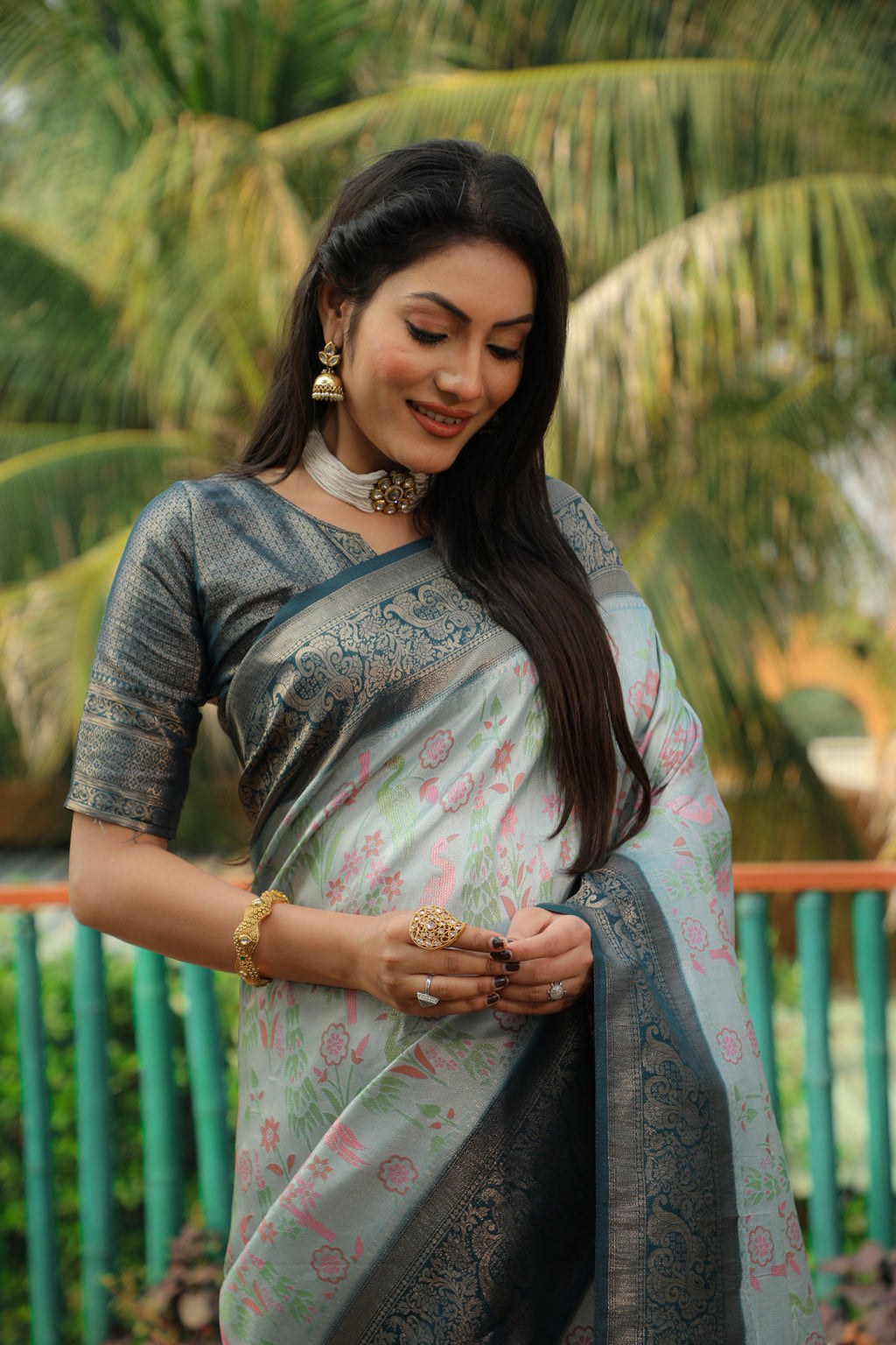 Sky blue color kanjivaram silk saree with zari weaving work