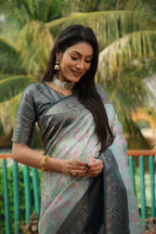 Sky blue color kanjivaram silk saree with zari weaving work