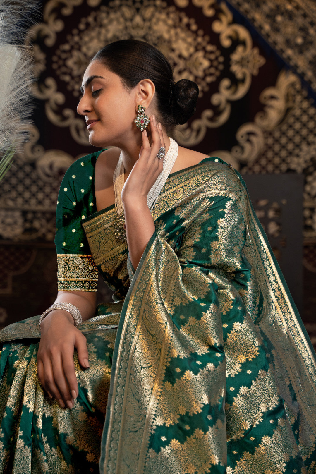 Bottle green banarasi silk saree with zari woven work