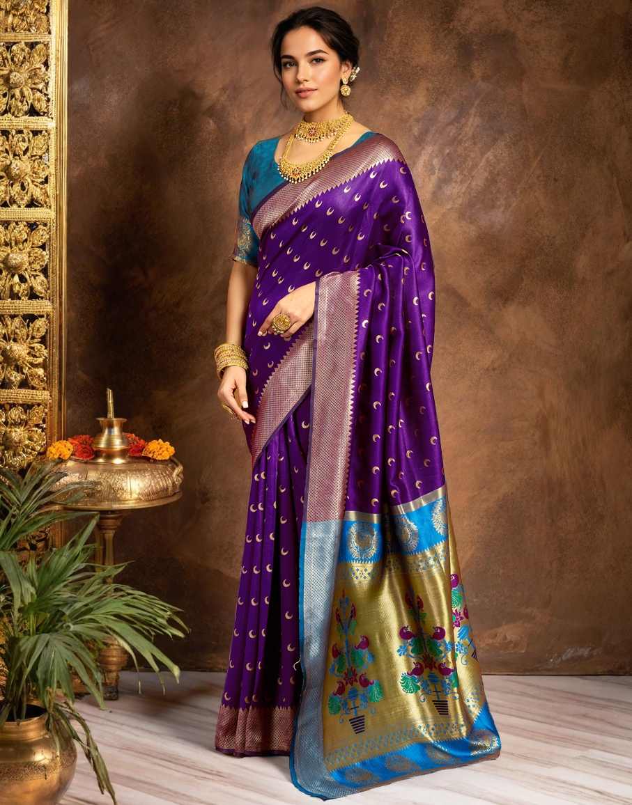 Traditional purple chand design paithani silk saree with zari weaving work