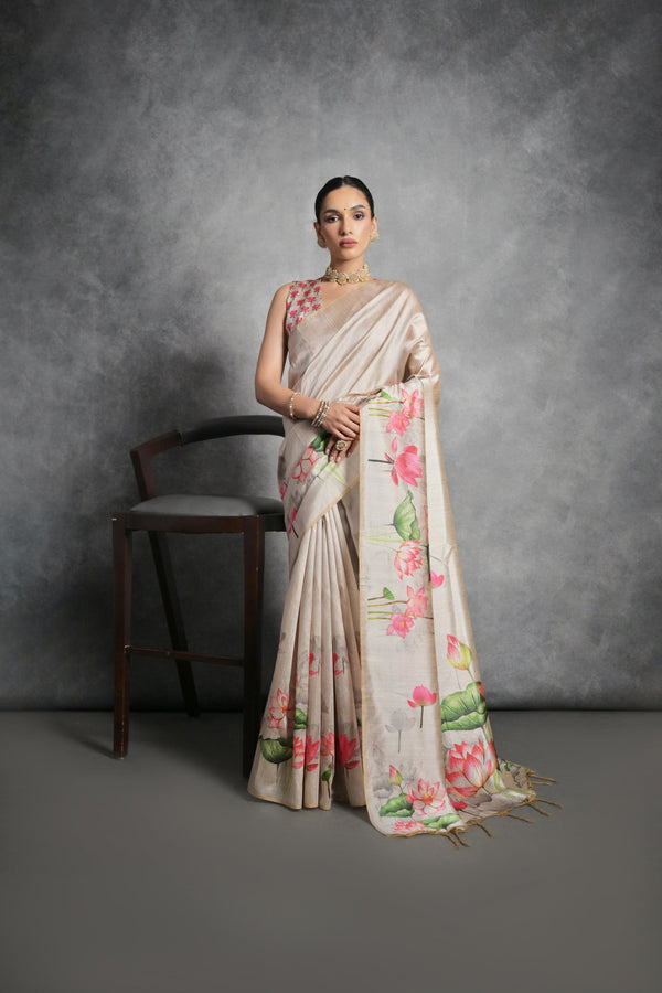 Beige color soft tussar silk saree with lotus floral printed work