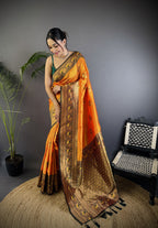Orange traditional banarasi silk saree with zari weaving work