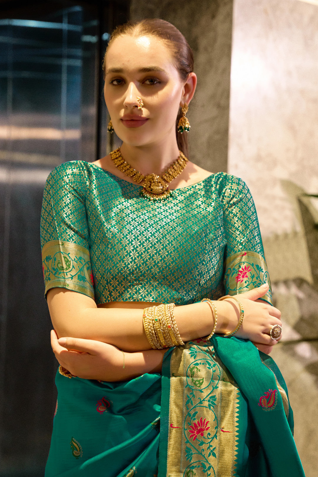 Traditional rama green paithani silk saree with zari weaving work