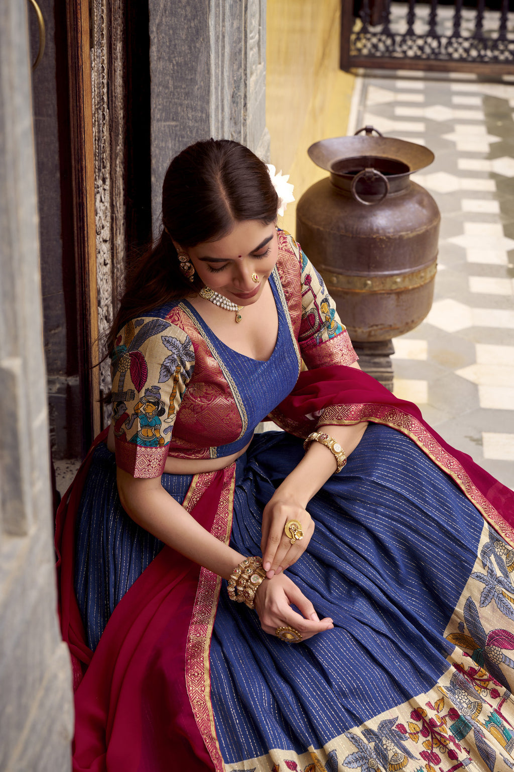 Traditional Kalamkari Printed Lehenga in Poly Chanderi with Zari Work & Georgette Dupatta