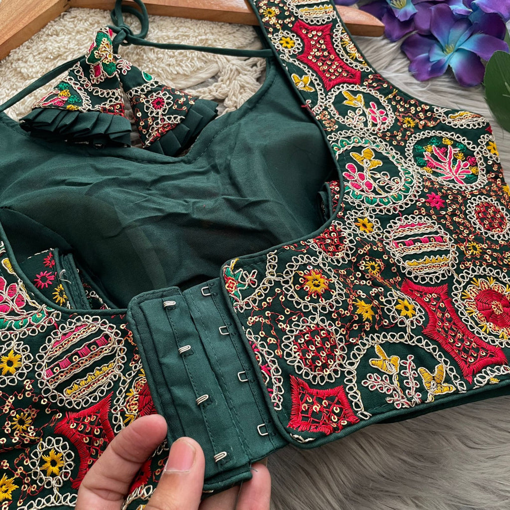 Green georgette fancy readymade blouse with embroidery and sequence work