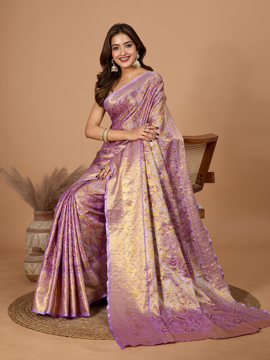 Light lavender kanjivaram silk saree with zari weaving work