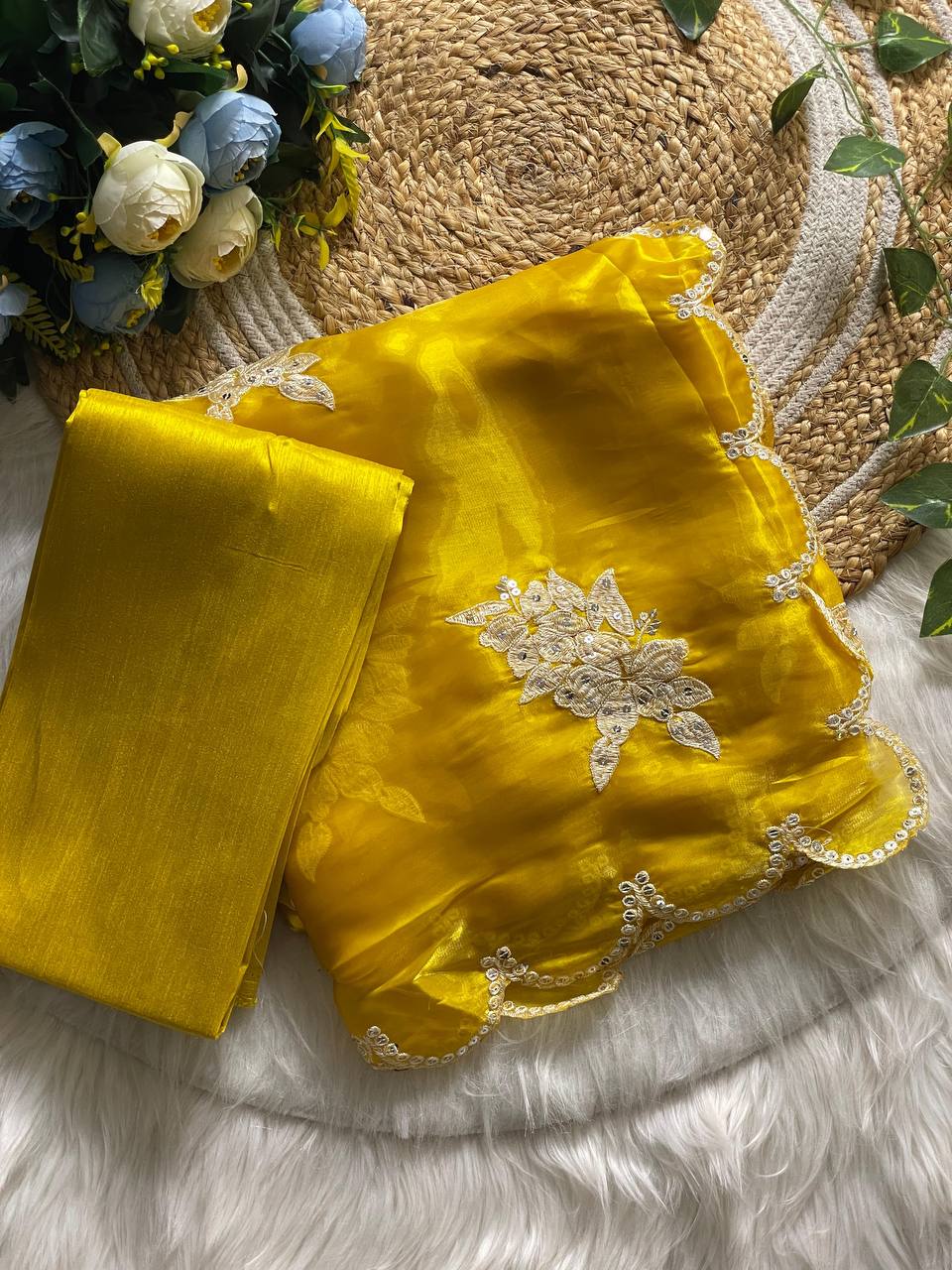 Yellow fancy jimmy choo silk saree with embroidery and sequence work