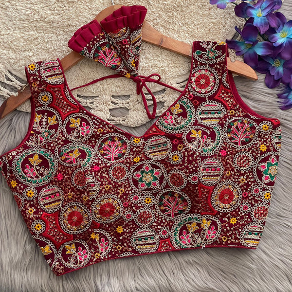 Maroon georgette fancy readymade blouse with embroidery and sequence work