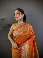 Orange premium banarasi silk saree with meenakari zari weaving work