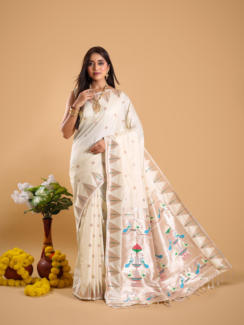 Off white color paithani silk saree with zari weaving work